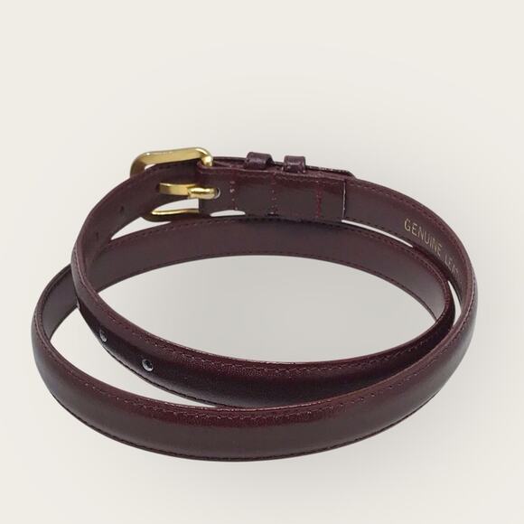 Burgundy Maroon Leather Belt with Gold Buckle Skinny Size Medium - Picture 3 of 7